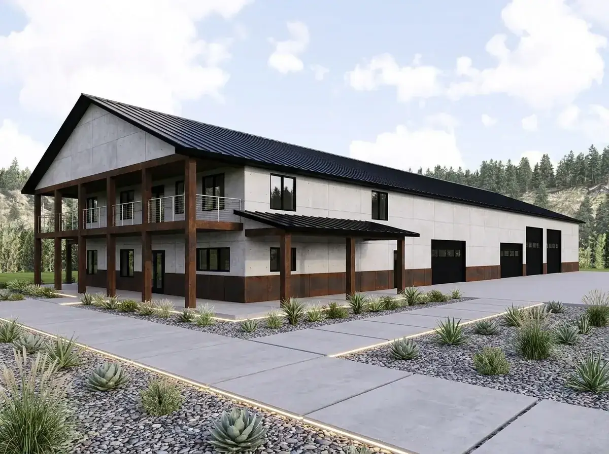 Industrial concrete and steel facade with dark steel I-beam porches
