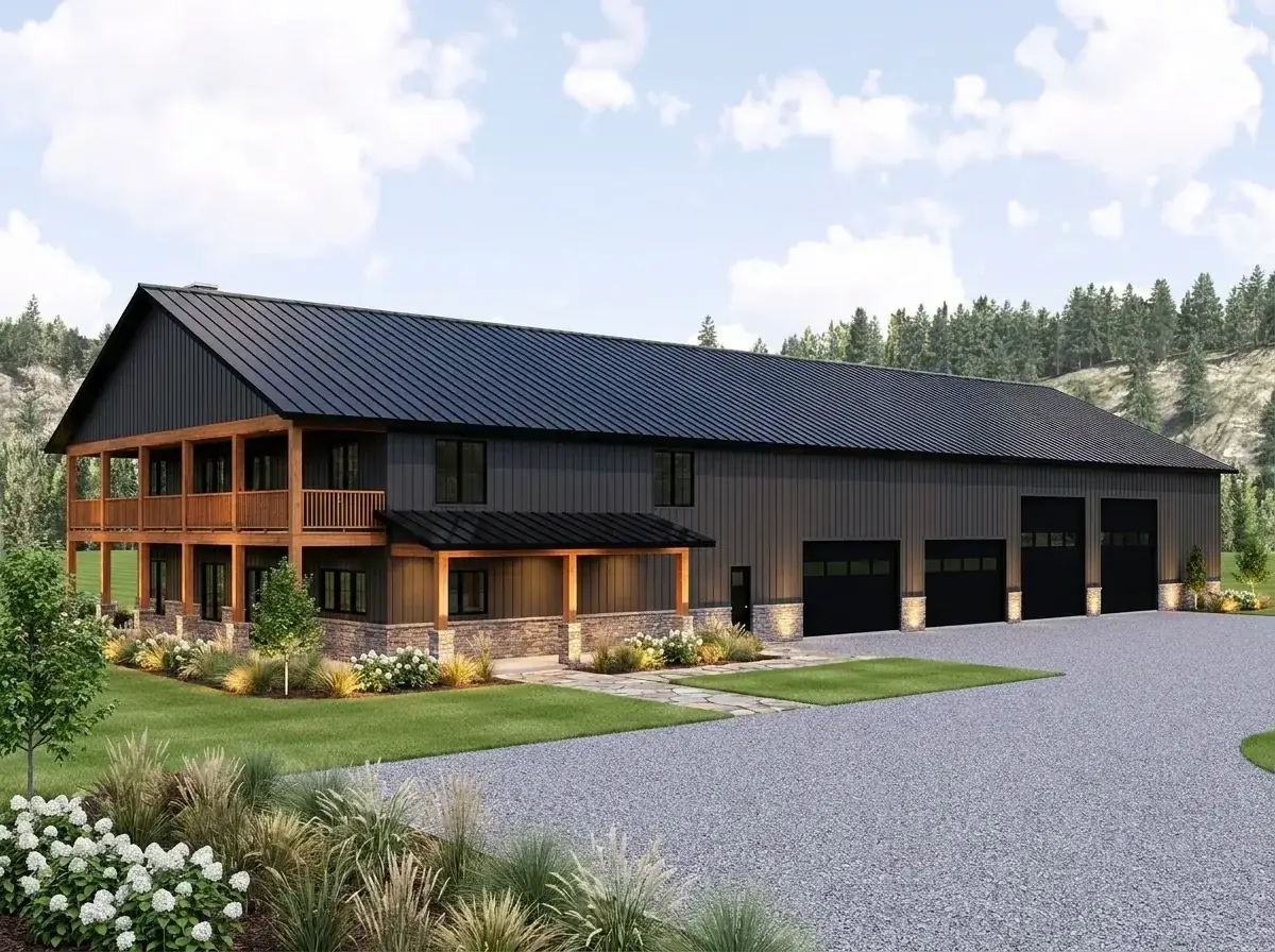Moody rustic retreat facade with dark charcoal siding and natural timber accents