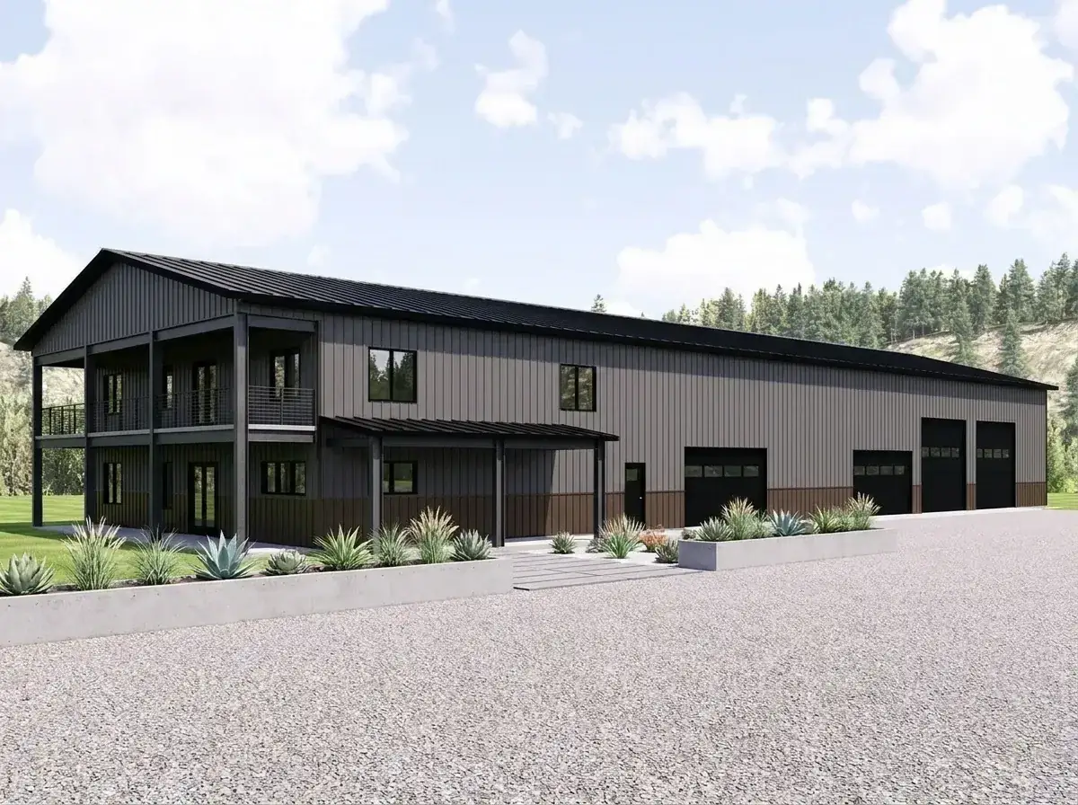 Modern minimalist grey facade with bronze trim and dark metal porch posts