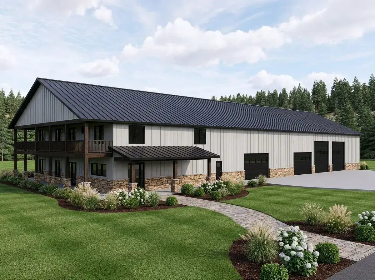 Traditional barndominium facade with white siding, dark metal roof, and dark-stained timber framing
