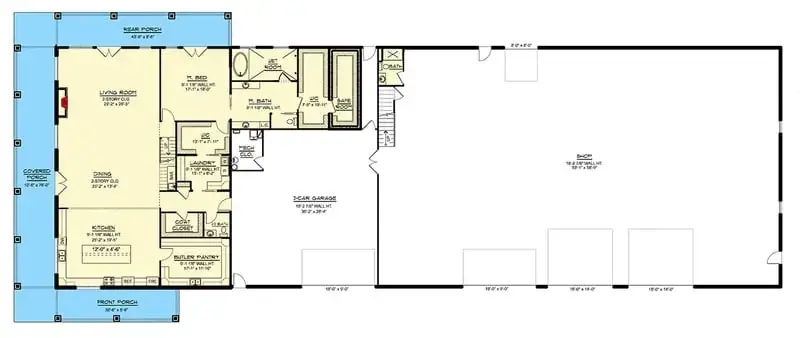 Plan 135422GRA main floor — 3,277 sqft with main-level primary suite, butler's pantry, 6-car garage, and 6,000 sqft workshop