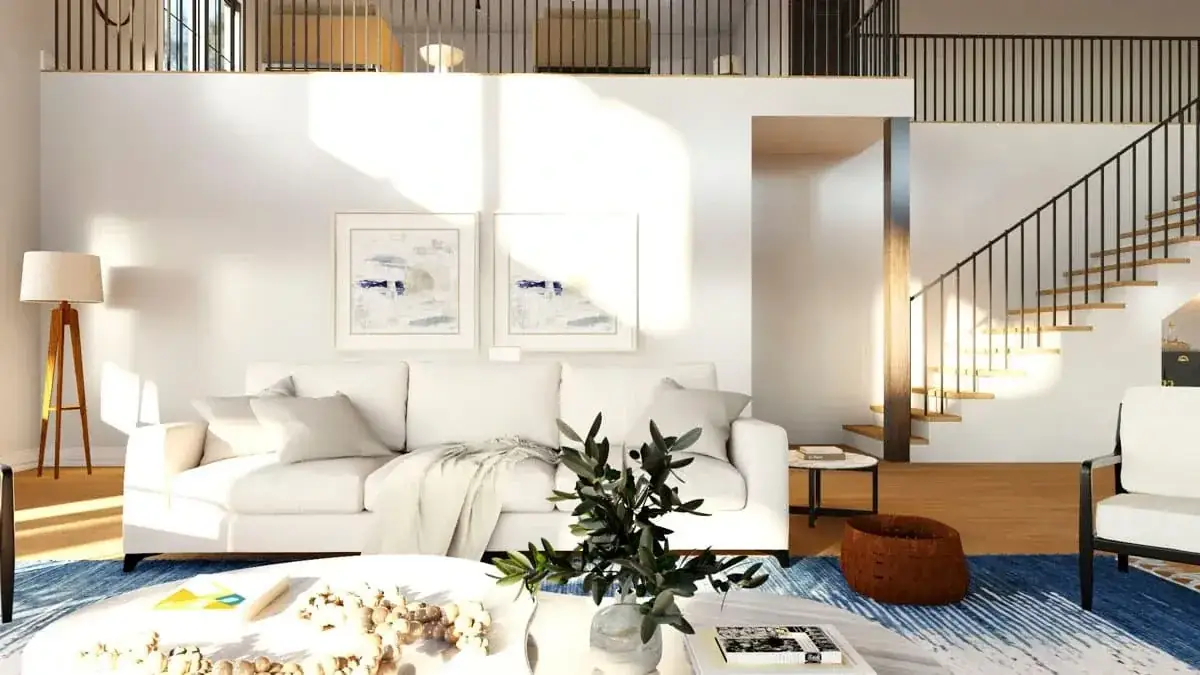 Upstairs loft overlook with exposed timber and railing