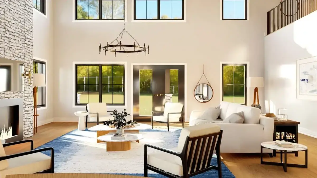 Covered second-floor balcony with timber framing and rural view