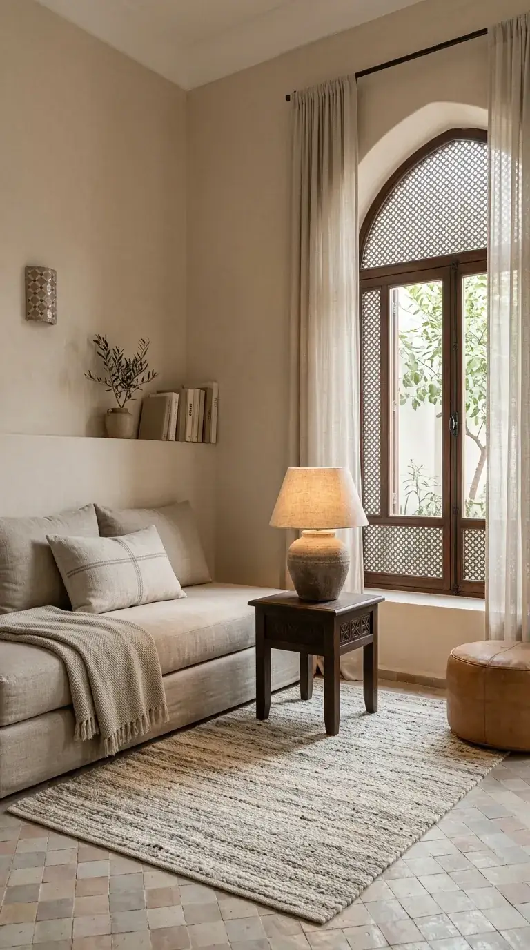 Compact reading nook with Tadelakt-style plaster walls, built-in linen bench seat, dark walnut lattice window, terracotta tile floor, ceramic table lamp, and Moroccan leather pouf in a Portland infill