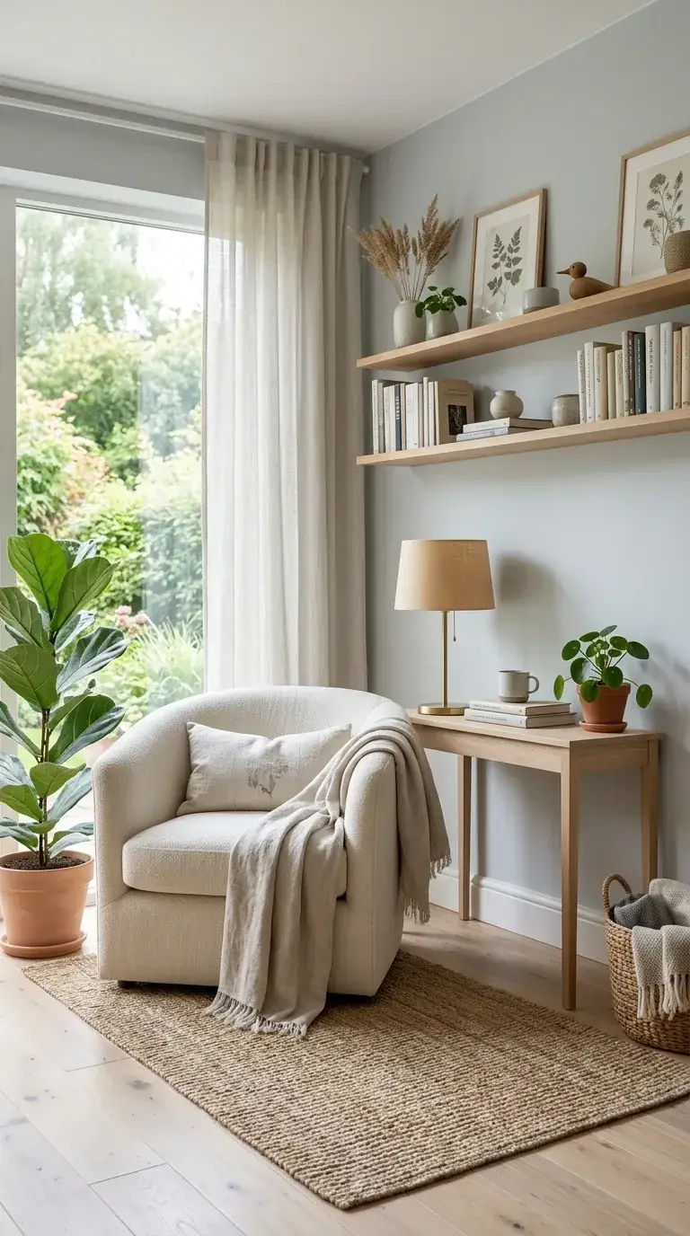 Compact botanical reading nook with white boucle swivel chair, slim oak console table, two long floating wood shelves with ceramics, brass table lamp, jute rug, large fiddle leaf fig and Pilea plants