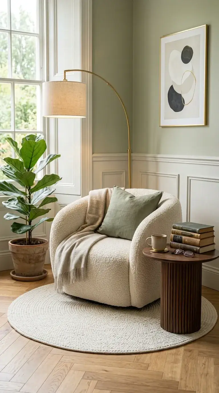 Compact modern-classic reading nook with two-tone walls, white wainscoting, sage green upper walls, ivory boucle swivel chair, dark fluted wood side table, brass arc floor lamp, and herringbone oak floor