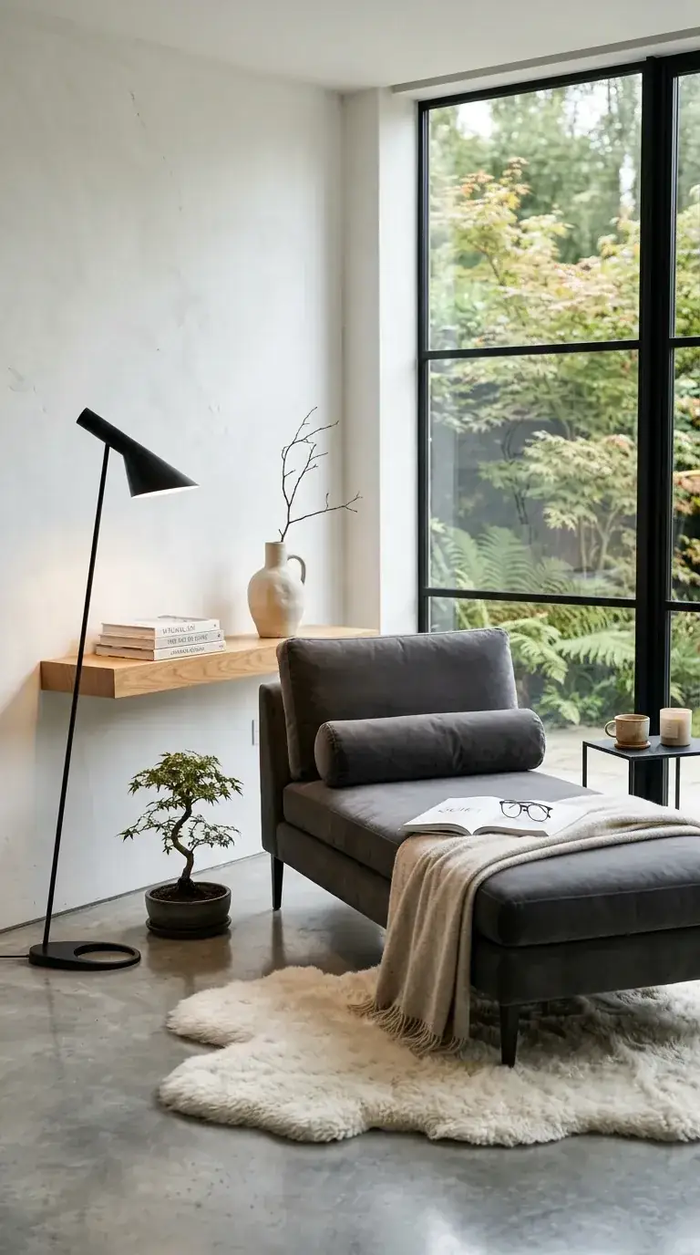Compact industrial-Zen reading nook with polished concrete floor, textured plaster walls, dark velvet chaise lounge, large steel-frame window, floating wood slab shelf, sheepskin rug, and minimalist styling