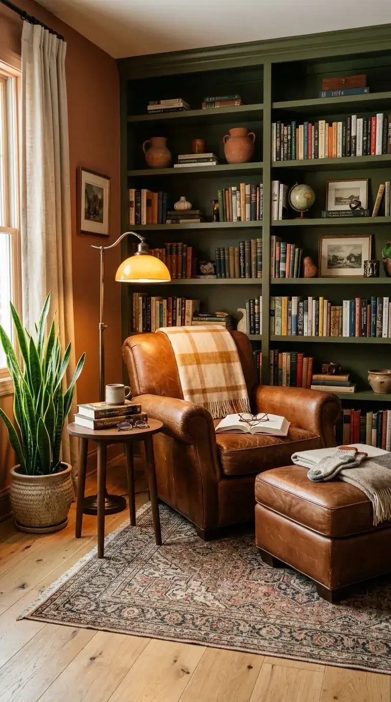 Compact moody library nook with terracotta color-drenched walls, dark forest green built-in bookshelves, cognac leather wingback armchair and ottoman, vintage patterned rug, and pharmacy floor lamp