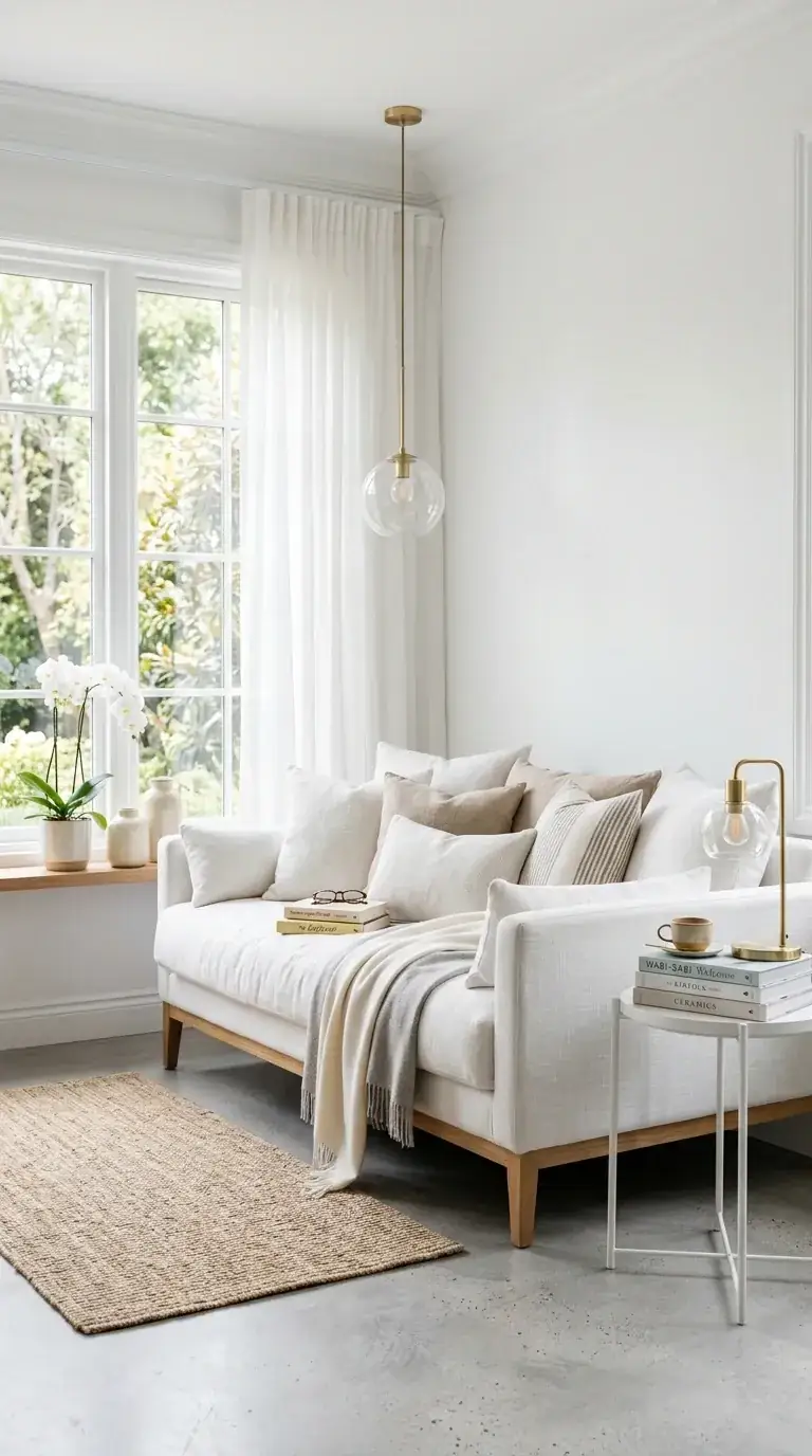 Compact monochromatic white reading nook with small white linen loveseat, polished concrete floor, brass and glass pendant light, brass task lamp, jute rug, layered linen pillows, and floor-to-ceiling sheer curtains