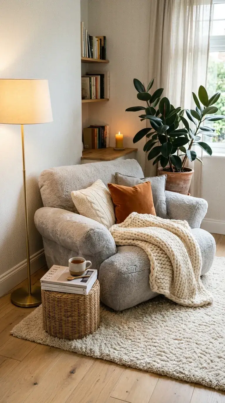Compact hygge reading nook with oversized plush light grey armchair, giant chunky knit weighted blanket, wicker ottoman, brass floor lamp, high-pile shag rug, large rubber plants, and corner shelving