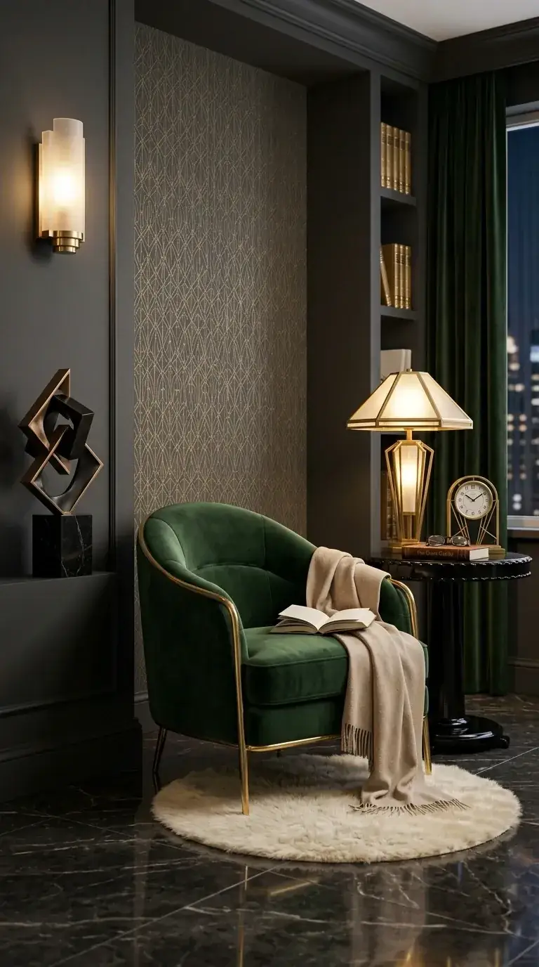 Compact Art Deco reading nook with charcoal walls, geometric wallpaper accent panel, emerald green velvet armchair with brass frame, black pedestal side table, faux fur round rug, and modern brass wall sconce