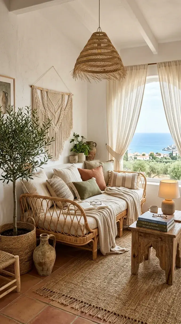 Compact Boho Mediterranean reading nook with rattan daybed sofa, large arched window with sea or garden view, oversized macrame wall hanging, woven pendant light, terracotta tile floor, layered jute rug, and olive tree