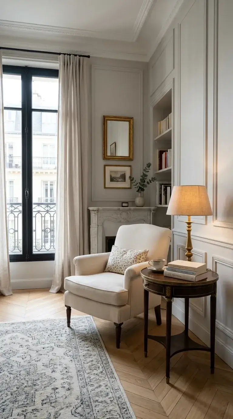 Compact Parisian-style reading nook with applied wall molding panels, tall French window, chevron oak floor, faux marble fireplace mantel, ivory linen wingback chair, and antique brass mirror