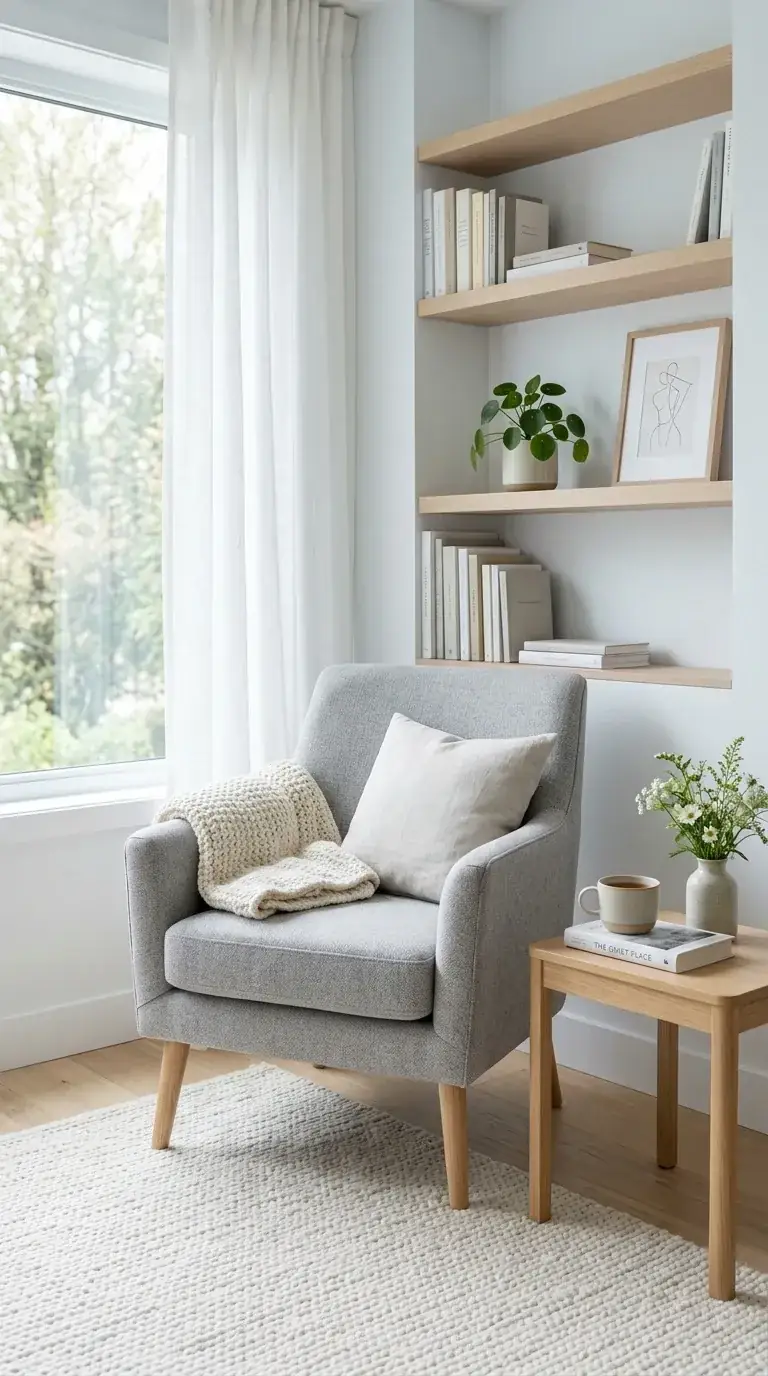 Compact Scandinavian reading nook with picture window, three light oak floating shelves, mid-century grey armchair, chunky knit throw, jute rug, and minimal styling in a Portland modern home