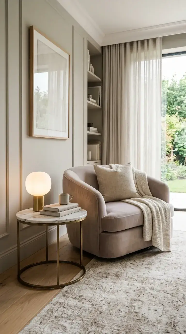 Compact reading nook with curved velvet swivel chair in dusty mauve, marble and brass side table, brass globe table lamp, applied wall molding, layered cream throws, and vintage rug in a Portland modern home