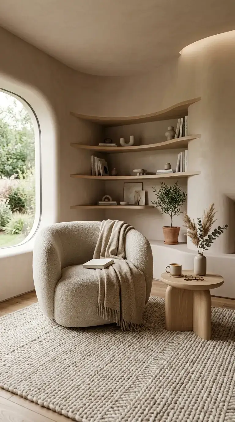 Compact organic-modern reading nook with curved plaster walls, round architectural window, sculptural barrel boucle armchair, solid wood side table, chunky wool knit rug, and pared-back styling
