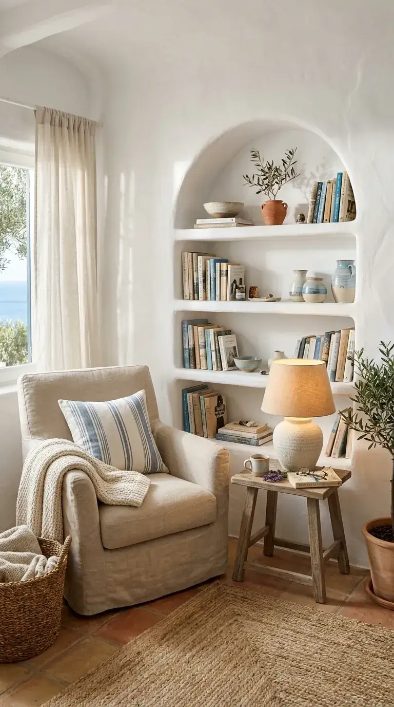 Compact Mediterranean reading nook with whitewashed stucco built-in arch shelving, terracotta tile floor, slipcovered linen armchair, rough-hewn wood stool, ceramic table lamp, and woven jute rug