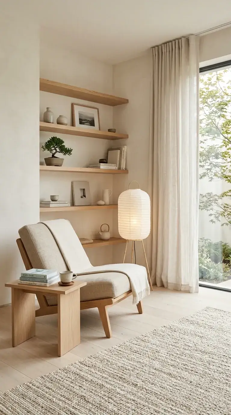 Compact Japandi-style reading nook with low-profile wood lounge chair, light oak floating shelves, Noguchi-style paper floor lamp, indoor-outdoor connection through large window, and pared-back zen styling