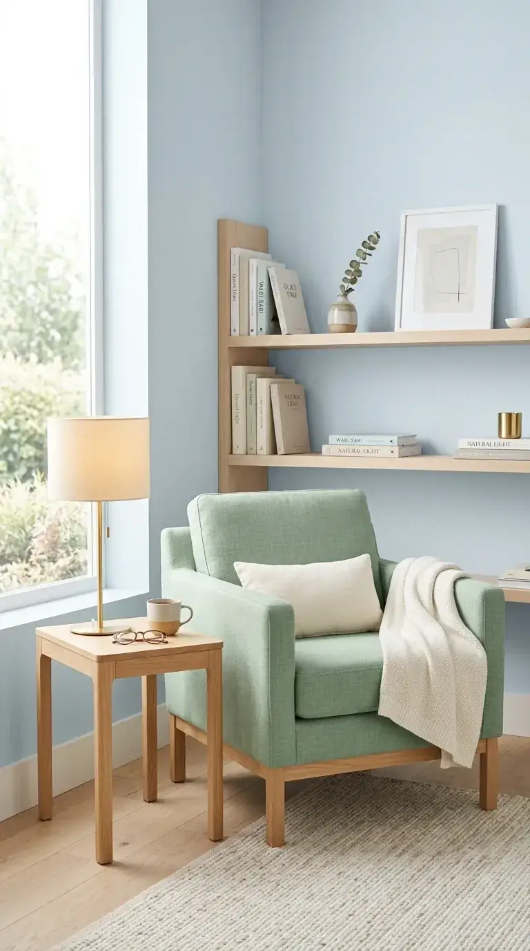 Compact reading nook with soft sky-blue walls, sage green upholstered armchair, light oak leaning ladder bookshelf, oak side table, brass task lamp, jute rug, and Portland Craftsman picture window
