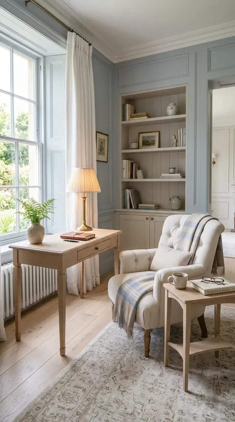 Compact traditional reading-and-writing nook with custom built-in shelving, soft powder blue painted joinery, classic wooden writing desk, tufted oatmeal linen armchair, antique brass lamp, and window shutters