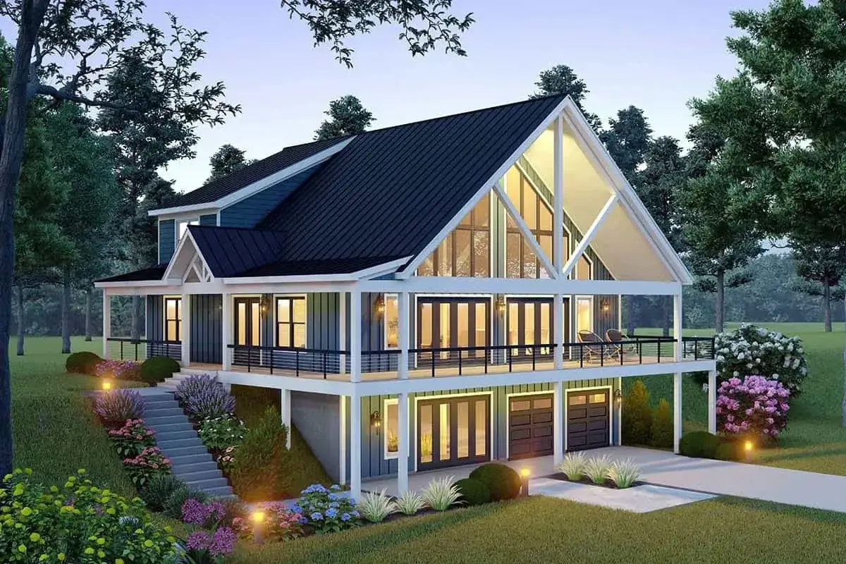 Plan 680656VR rear elevation rendering — contemporary mountain house with steep gable roof, exposed timber trusses, full-height rear window wall and wraparound covered porches over a stone-clad walkout basement