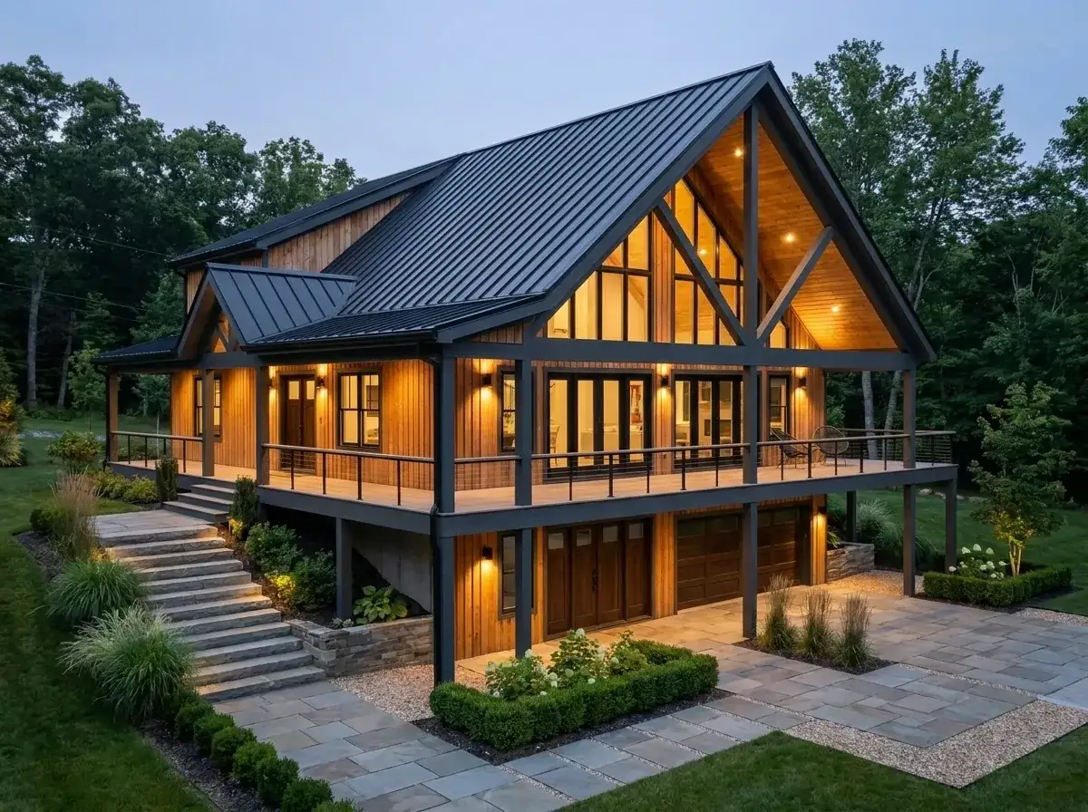 Plan 680656VR facade variation 1 — warm contemporary mountain with vertical wood siding, dark bronze metal roof and lush Pacific Northwest landscape