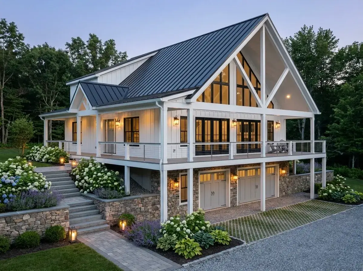 Plan 680656VR facade variation 2 — modern farmhouse chalet with crisp white board-and-batten siding, dark metal roof and light grey stone foundation