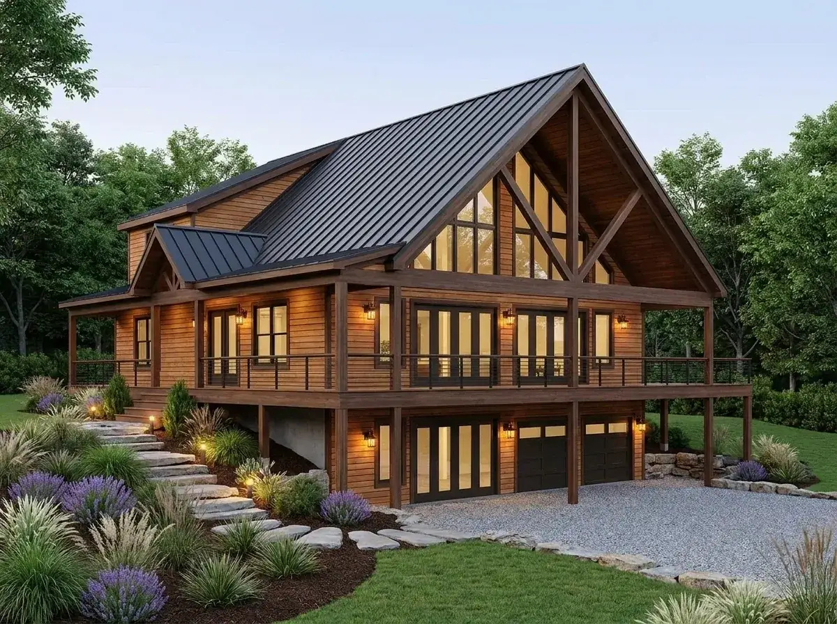 Plan 680656VR facade variation 3 — rustic timber cabin with medium-brown horizontal wood siding, rough-hewn timber framing and gravel driveway