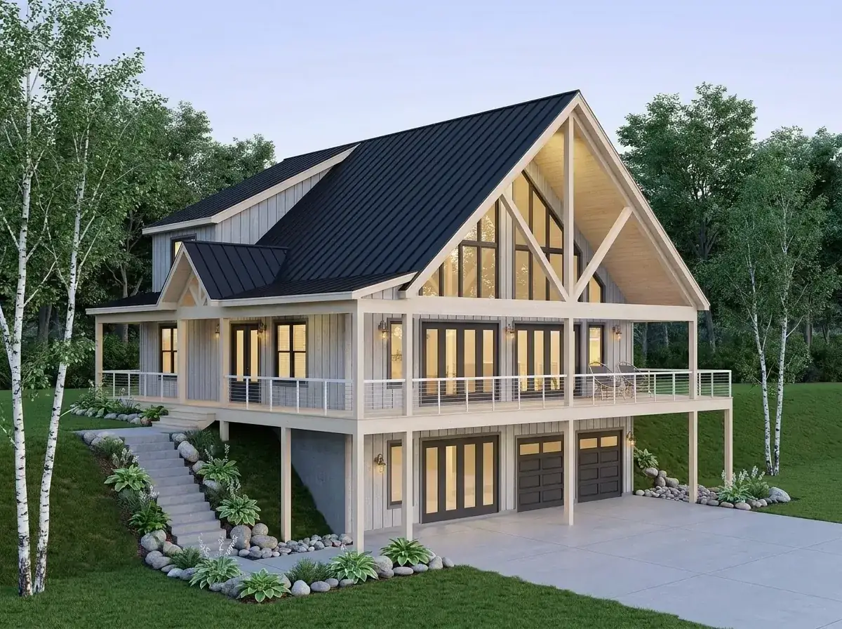 Plan 680656VR facade variation 4 — Scandinavian modern with whitewashed vertical siding, charcoal metal roof and minimalist birch landscape