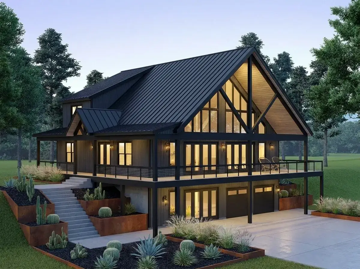 Plan 680656VR facade variation 5 — industrial desert modern with all-black exterior, Corten steel planters and concrete driveway
