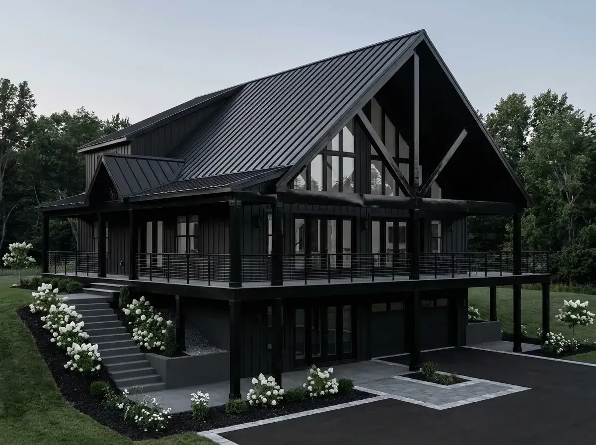 Plan 680656VR facade variation 7 — monochromatic black noir with vertical board-and-batten siding, standing seam metal roof and white hydrangea accent