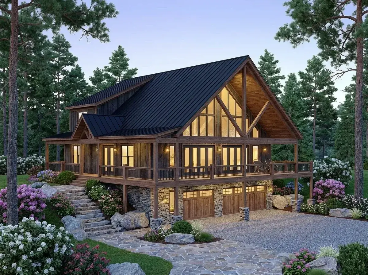 Plan 680656VR facade variation 8 — rustic craftsman lodge with weathered vertical wood siding, extensive fieldstone veneer on the basement and natural stone paver driveway