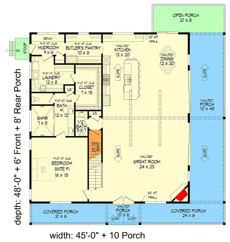 Plan 680656VR main level floor plan — contemporary mountain house with vaulted great room, main-floor primary suite, butler's pantry and wraparound covered porch facing the view