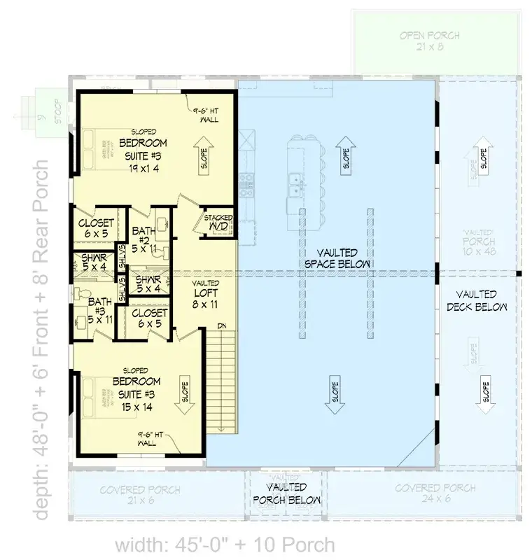 Plan 680656VR second floor plan — two upstairs bedroom suites, Jack-and-Jill bath, loft overlooking the great room, and access to a private upper deck