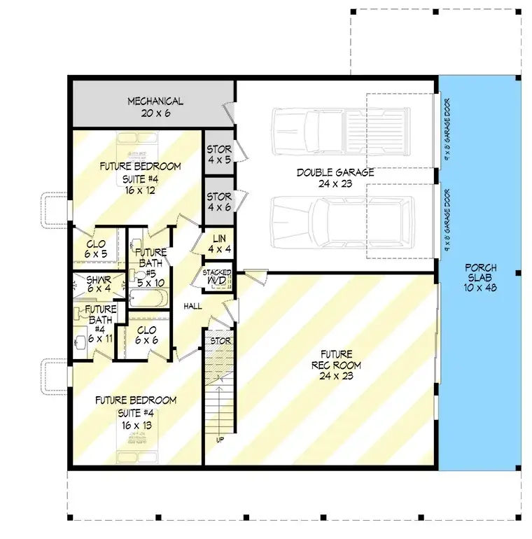 Plan 680656VR walkout basement and garage level — 582 sqft 2-car drive-under garage with 1,402 sqft of optional finished lower level for two future bedrooms, bath and recreation room