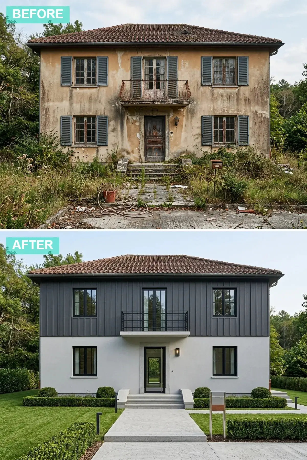 1996 Bend Mediterranean stucco home transformed with light grey lower stucco and dark slate grey vertical James Hardie board-and-batten upper cladding, matte black Marvin Modern window frames, modern glass entry door, simple horizontal steel balcony rail, smooth concrete walkway flanked by manicured Buxus Green Velvet boxwood hedging