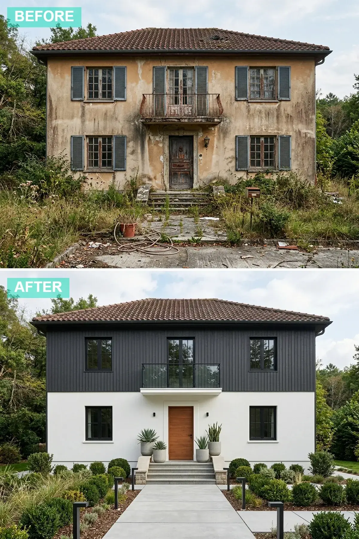1996 Bend stucco Mediterranean villa transformed with charcoal vertical Nichiha panel cladding on upper level, smooth white stucco on lower level, matte black Marvin Modern window frames, warm teak Sun Mountain slab door, matte black Loll planters with mature Agave Parryi flanking concrete entry steps