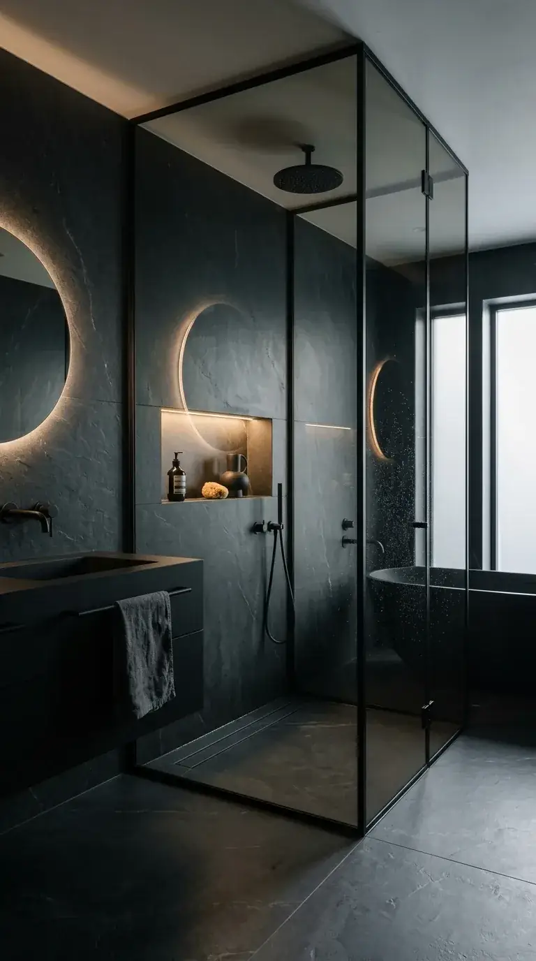 Compact moody slate bathroom with large-format dark slate-look porcelain tile, black freestanding tub, frameless black-frame glass shower, illuminated niche, large round backlit mirror, and floating dark vanity in a Portland modernist home