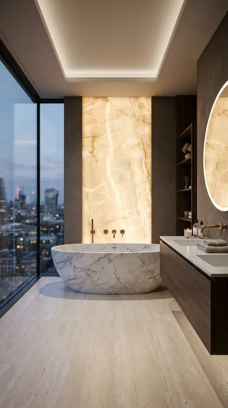 Compact luxury bathroom with backlit honey onyx feature wall, white Carrara marble freestanding tub, long floating dark walnut vanity with marble top and dual integrated sinks, floor-to-ceiling corner window, and brushed brass fixtures