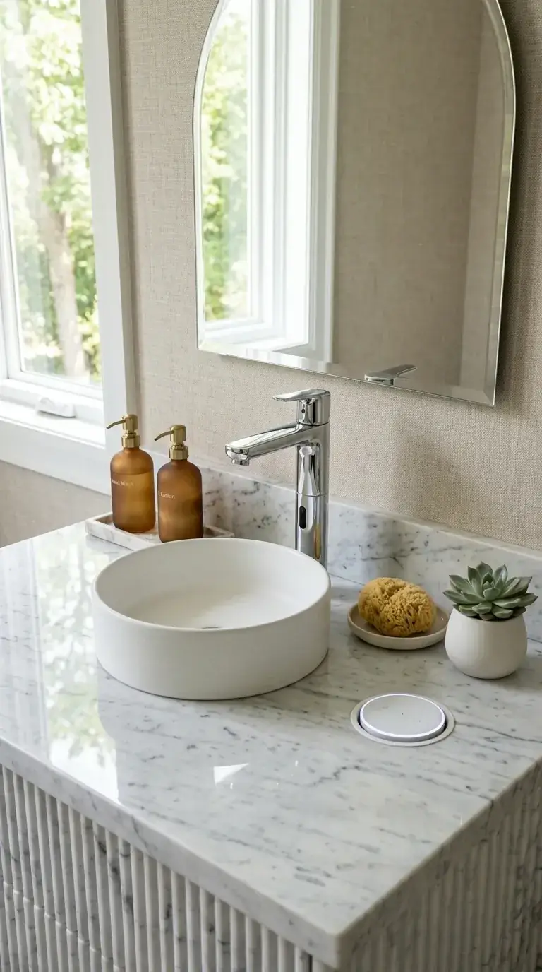Compact bathroom vanity detail with custom white fluted oak vanity, white Carrara marble countertop, round white vessel sink, chrome touchless smart faucet, integrated smart home control puck, beige textured wallpaper, and arched mirror