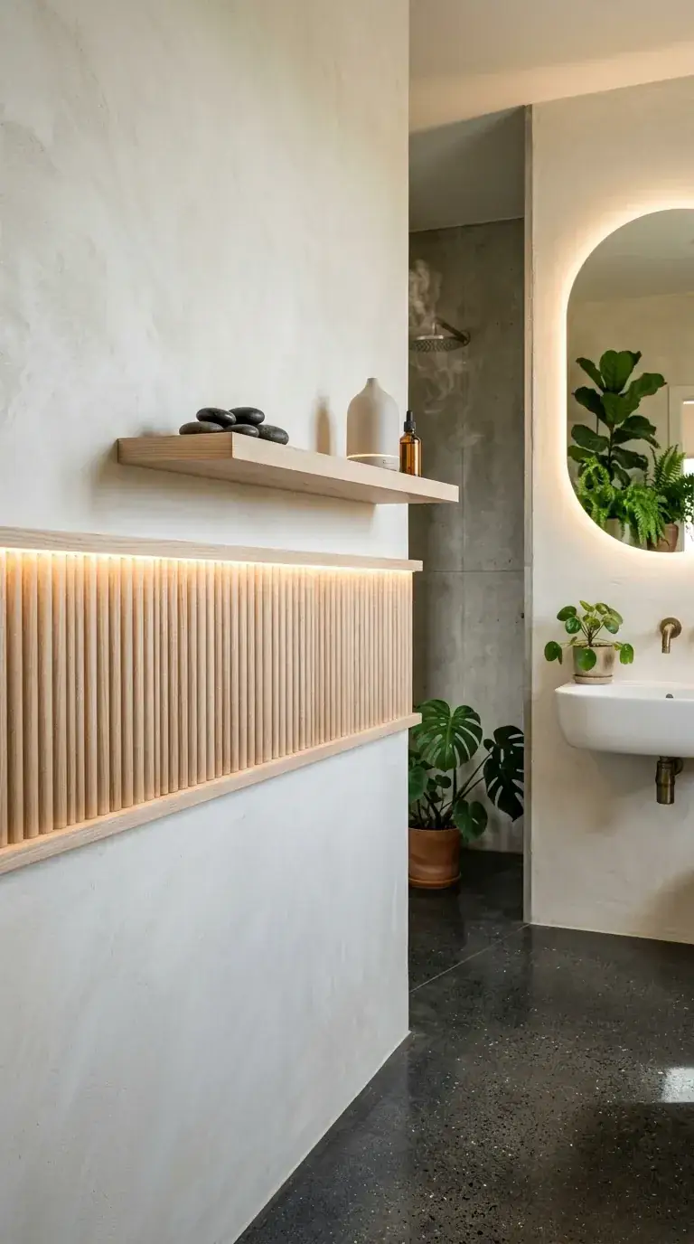 Compact industrial bathroom with light concrete-look porcelain walls, fluted light oak feature panel with integrated 2700K LED strip, floating wood shelf, round backlit mirror, dark grey terrazzo-look floor, wall-hung sink, and brass wall-mount faucet