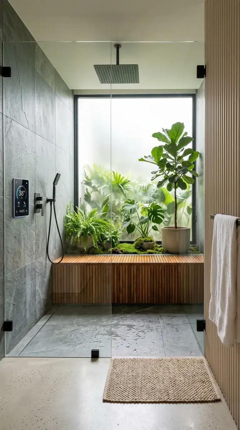 Compact spa-grade shower with large frameless glass enclosure, built-in teak wood bench with integrated planter of ferns and tropical plants, large window flooding light, U by Moen smart digital shower controller, black rain shower system, large-format grey stone-look porcelain, and exterior fluted oak panel