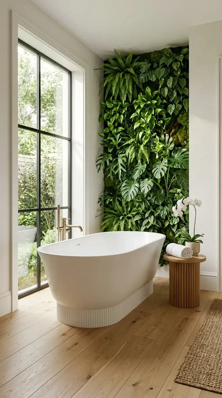 Compact spa bathroom with floor-to-ceiling living plant wall, white freestanding tub with fluted base, large grid-frame window, light wood porcelain floor, brass floor-mount tub filler, and round fluted oak side table