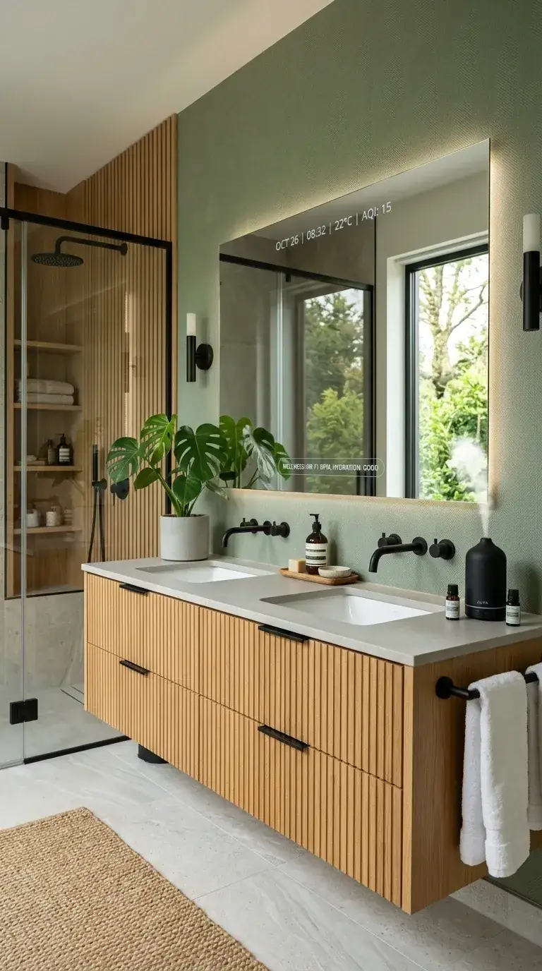 Compact spa bathroom with sage green textured wallpaper, long fluted white oak vanity, concrete countertop with twin integrated sinks, large smart mirror with Kohler Verdera Voice display, twin matte black wall-mount faucets, glass shower enclosure, and oak slat shower wall
