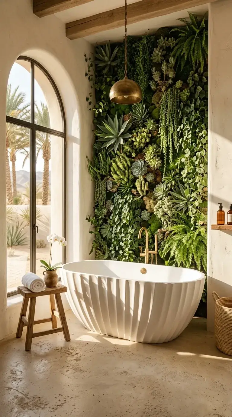 Compact desert-oasis bathroom with massive succulent and fern living plant wall, white fluted freestanding tub, concrete floor and walls, large arched metal window, rustic wood ceiling beam, aged brass pendant light, and rustic wood stool