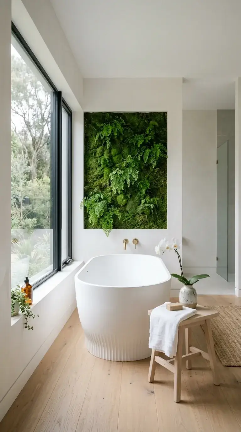 Compact bright modern bathroom with framed preserved moss and fern wall art, white fluted freestanding tub in corner with floor-to-ceiling windows, light wood porcelain flooring, brass wall-mount tub filler, and simple wood stool in a Portland 1968 modernist home