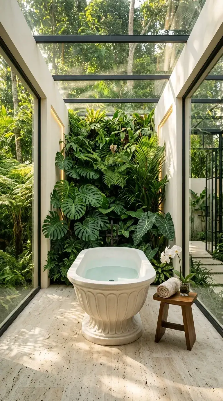 Custom glass atrium bathroom built into dense tropical garden with sculptural travertine freestanding tub on pedestal, glass walls and ceiling, travertine floor tiles, and dark teak stool