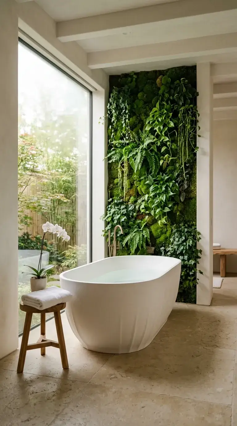 Compact minimalist bathroom with floor-to-ceiling living plant wall, white fluted freestanding tub, large window opening to bamboo garden, limestone-look porcelain floor, brass floor-mount tub filler, and rustic wood stool
