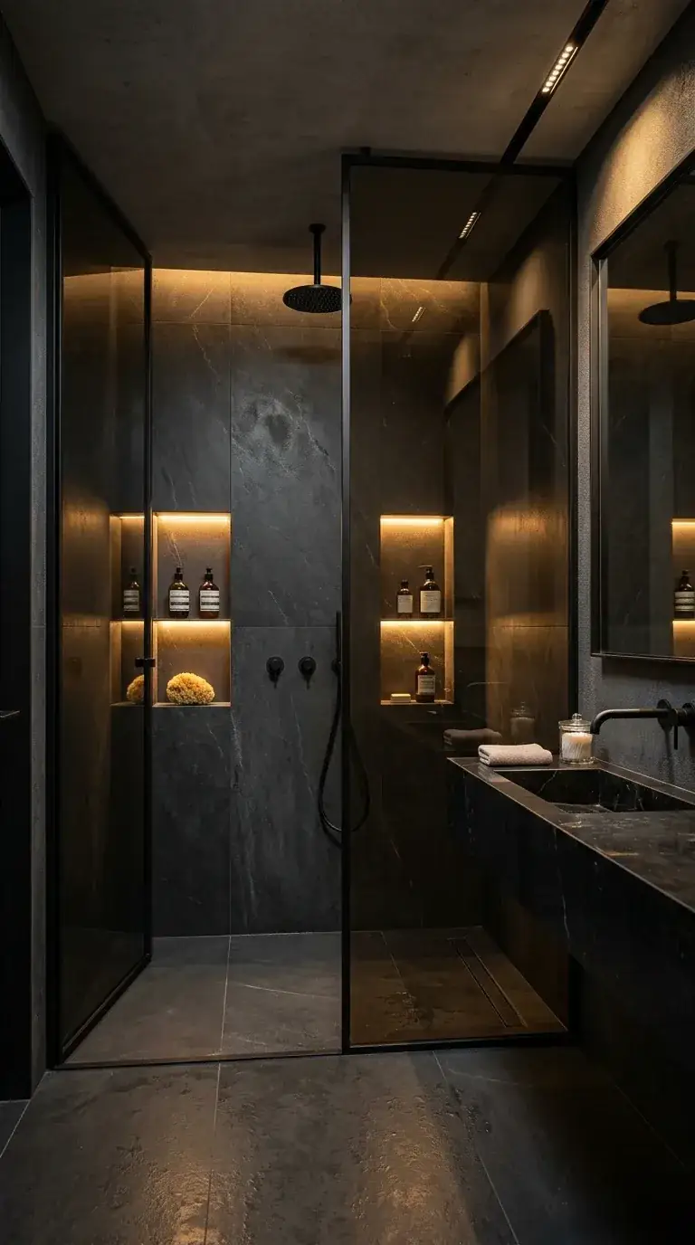 Compact slate bathroom with floating dark Nero Marquina marble vanity, twin illuminated shower niches, glass shower enclosure, ceiling track lighting, and Kohler matte black fixtures