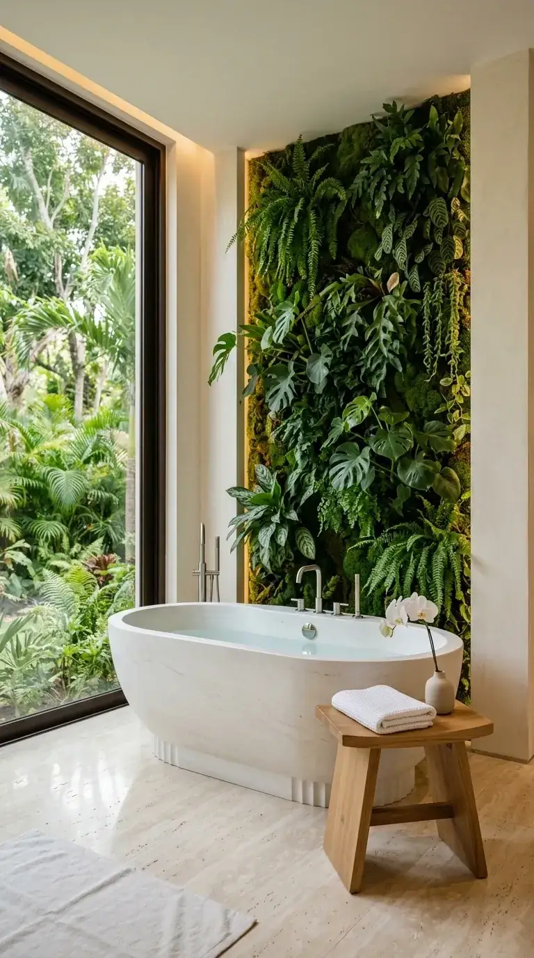 Compact spa bathroom with large window framing tropical view and adjacent floor-to-ceiling vertical living garden, white fluted freestanding tub, travertine porcelain floor, chrome floor-mount tub filler, and modern wood stool